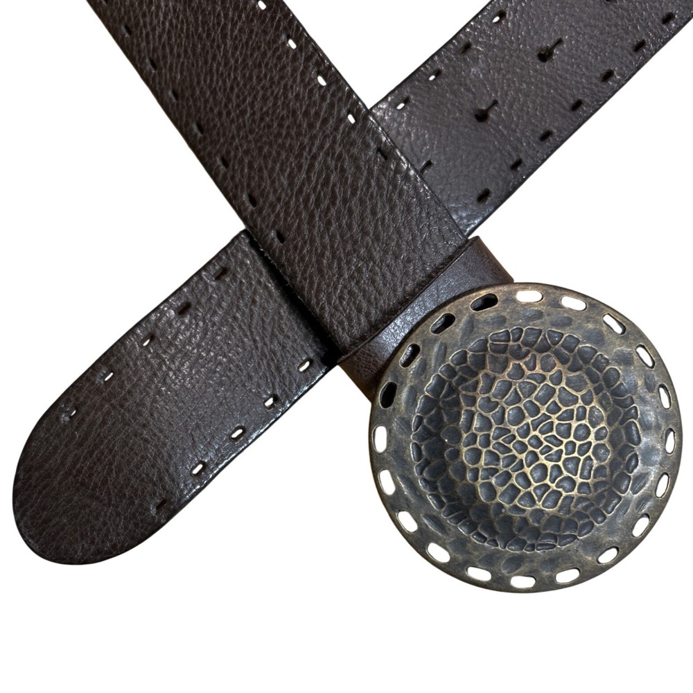 J. Jill Womens Brown Leather Belt Hammered Brass Round Buckle Boho Sz XL (38-42)